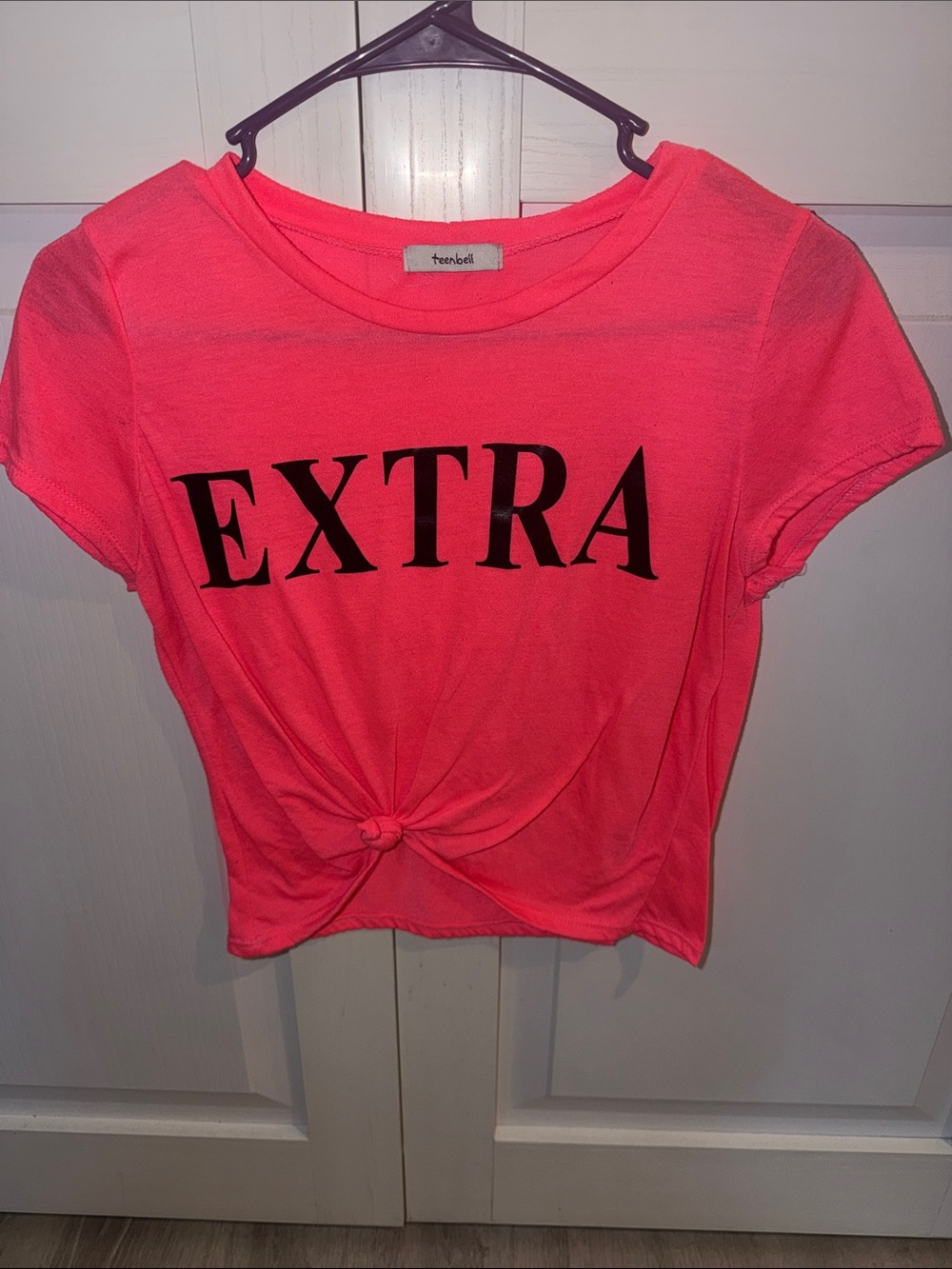 TeenBell Neon Pink "EXTRA" Knot-Front Crop Tee